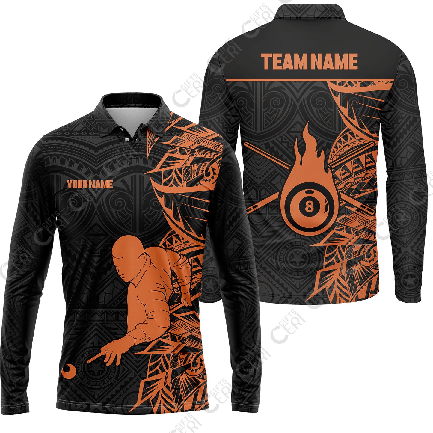 Customized 8 Ball Pool Long Sleeve Polo Shirt, 8-Ball Billiards Tattoo Pattern, Billiards Jerseys