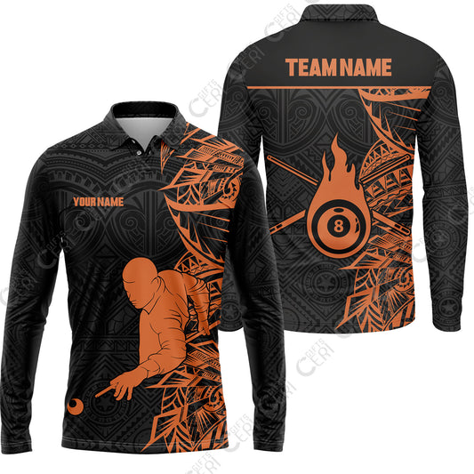 Customized 8 Ball Pool Long Sleeve Polo Shirt, 8-Ball Billiards Tattoo Pattern, Billiards Jerseys