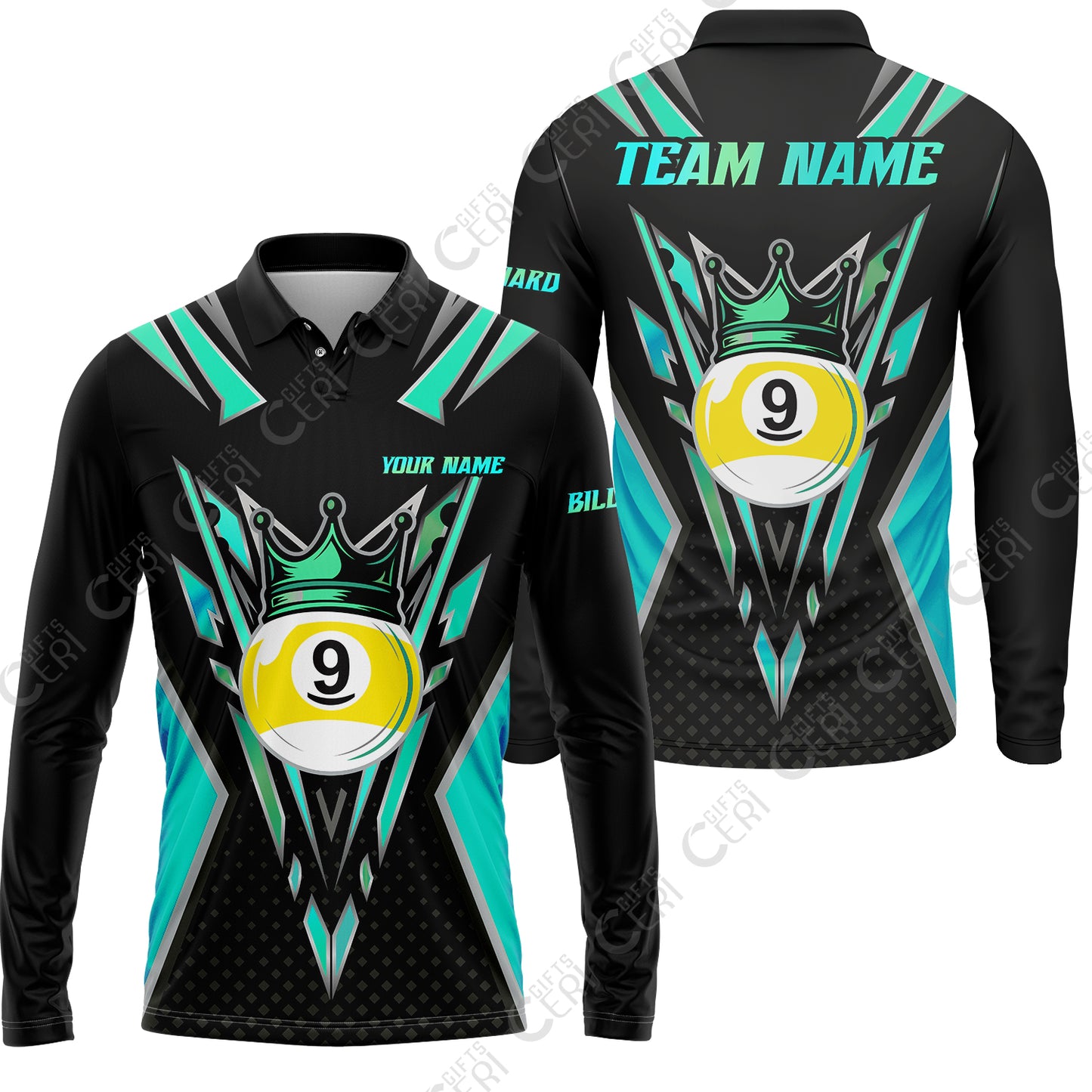 Customized 9 Ball Pool Long Sleeve Polo Shirt, Billiard 9-Ball Crown, Billiard Jerseys