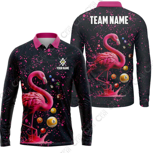 Customized 9 Ball Pool Long Sleeve Polo Shirt, Flamingo Pink Splat Billiard 9-Ball, Billiards Jersey