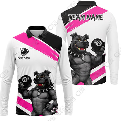 Customized Billiards Long Sleeve Polo Shirt, Personalized Pitbull 8 Ball Jersey Gift For Billiard Players