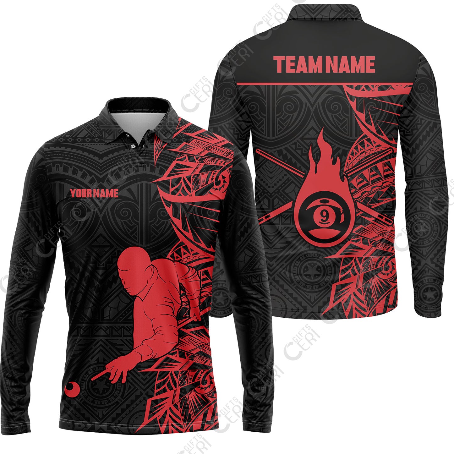 Customized 9 Ball Pool Long Sleeve Polo Shirt, 9-Ball Billiards Tattoo Pattern, Billiards Jerseys