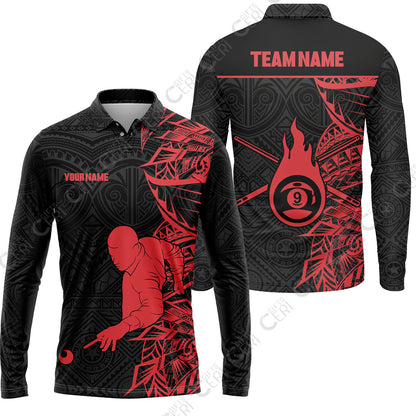 Customized 9 Ball Pool Long Sleeve Polo Shirt, 9-Ball Billiards Tattoo Pattern, Billiards Jerseys