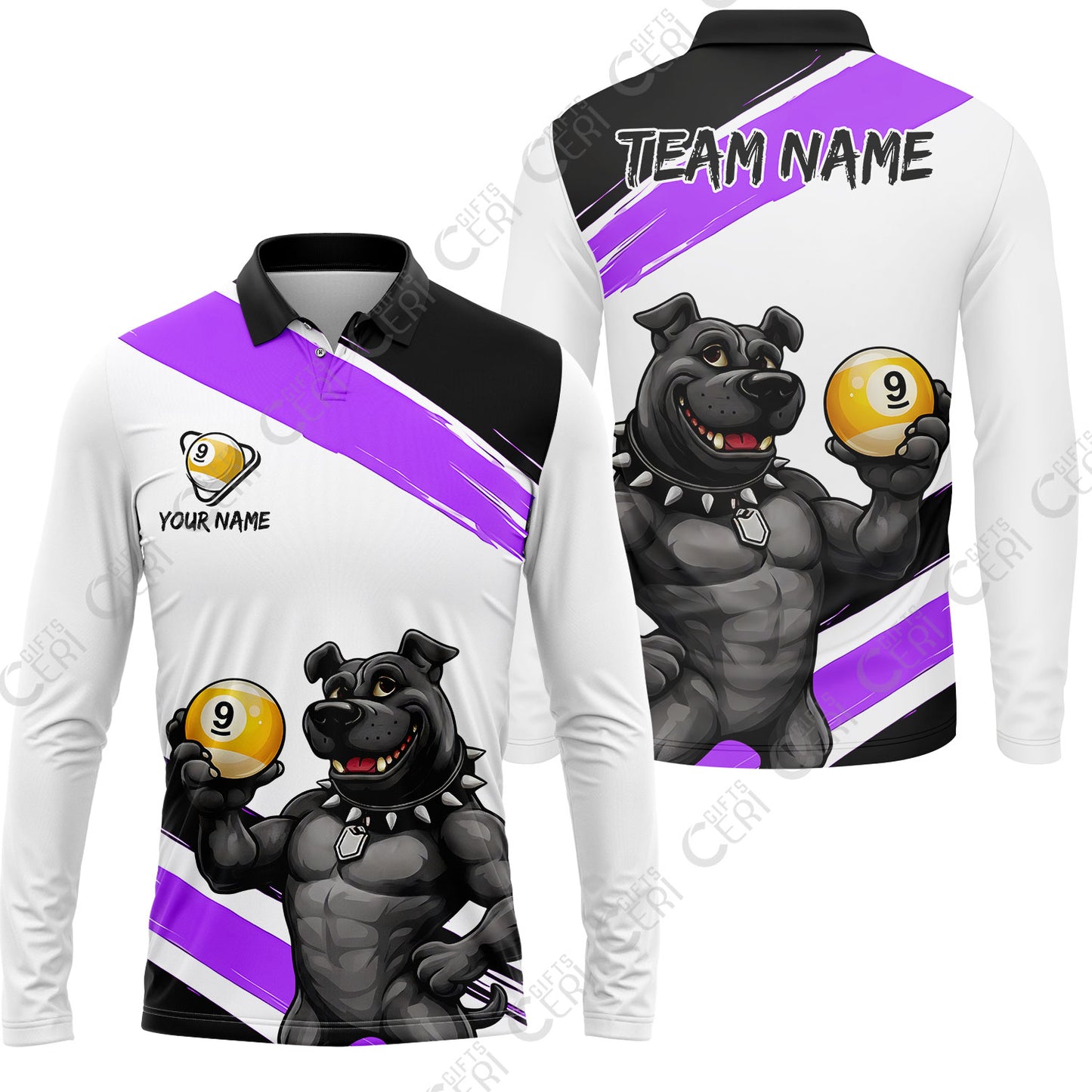 Customized Billiards Long Sleeve Polo Shirt, Personalized Pitbull 9 Ball Jersey Gift For Billiard Players