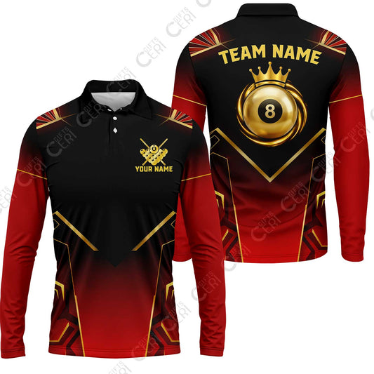 Customized 8 Ball Pool Long Sleeve Polo Shirt, Tech-Futuristic 3 Scale 8-Ball, Personalized Billiards Jersey