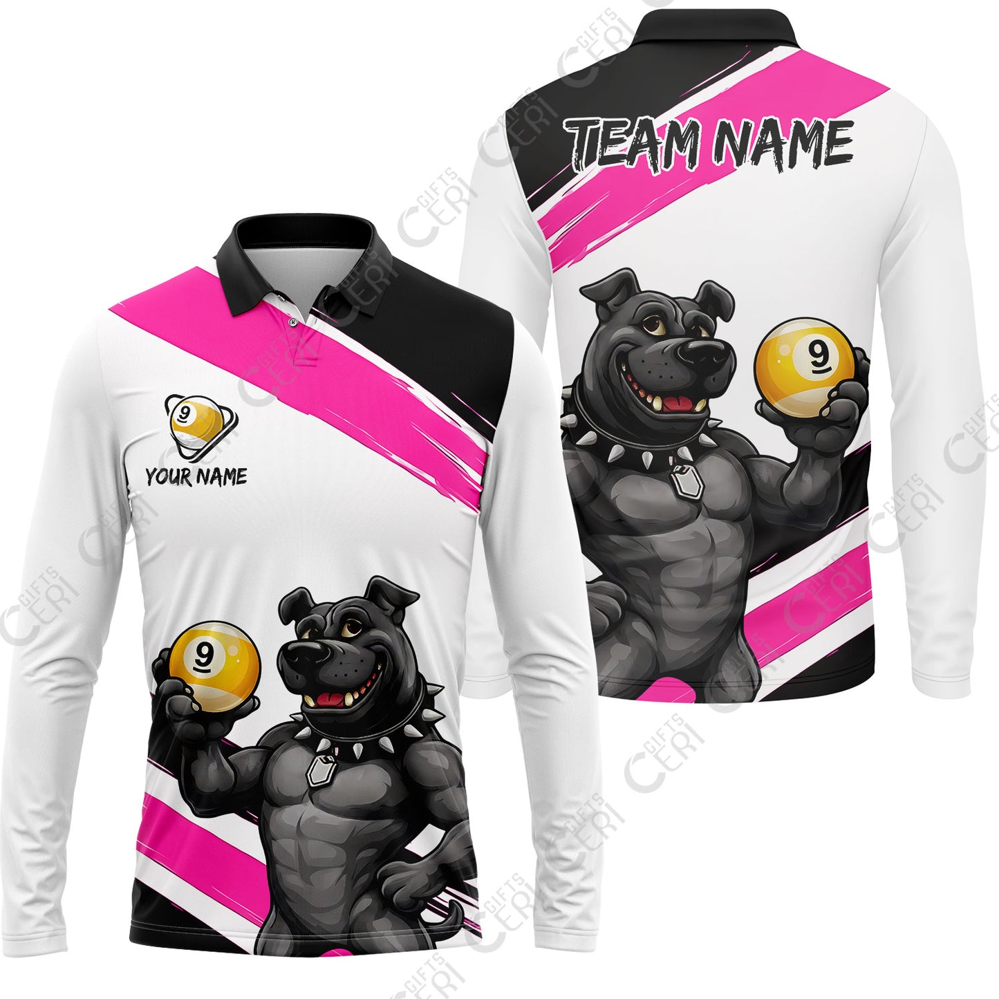 Customized Billiards Long Sleeve Polo Shirt, Personalized Pitbull 9 Ball Jersey Gift For Billiard Players