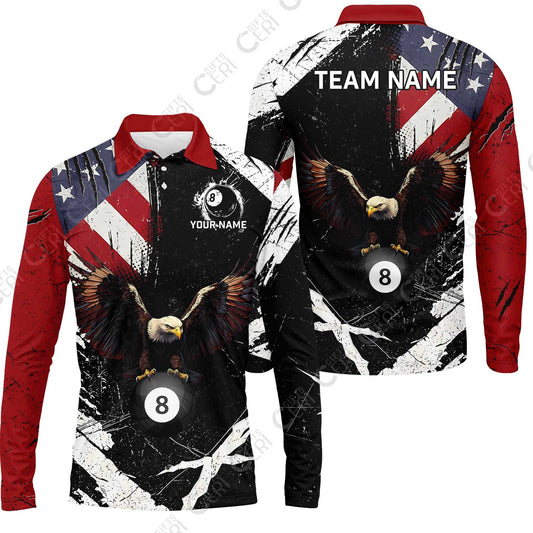 Customized 8 Ball Pool Long Sleeve Polo Shirt, Eagle Billiard American Flag 8-ball, Personalized Billiards Jersey