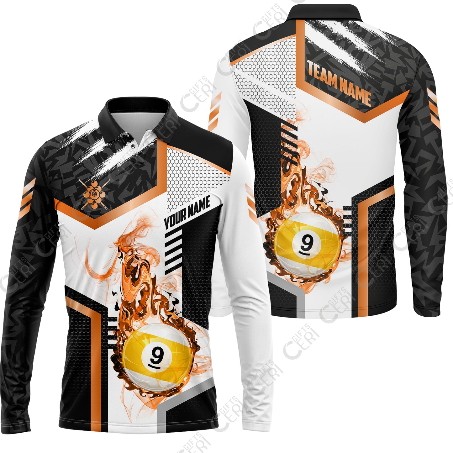 Customized 9 Ball Pool Long Sleeve Polo Shirt, Flaming 9-Ball Graphic, Billiards Jersey