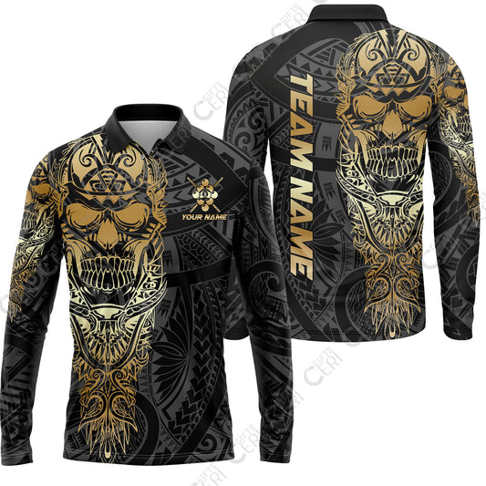 Customized 9 Ball Pool Long Sleeve Polo Shirt, 9-Ball Billiard Ethnic Tribal Style Pattern, Billiards Jerseys