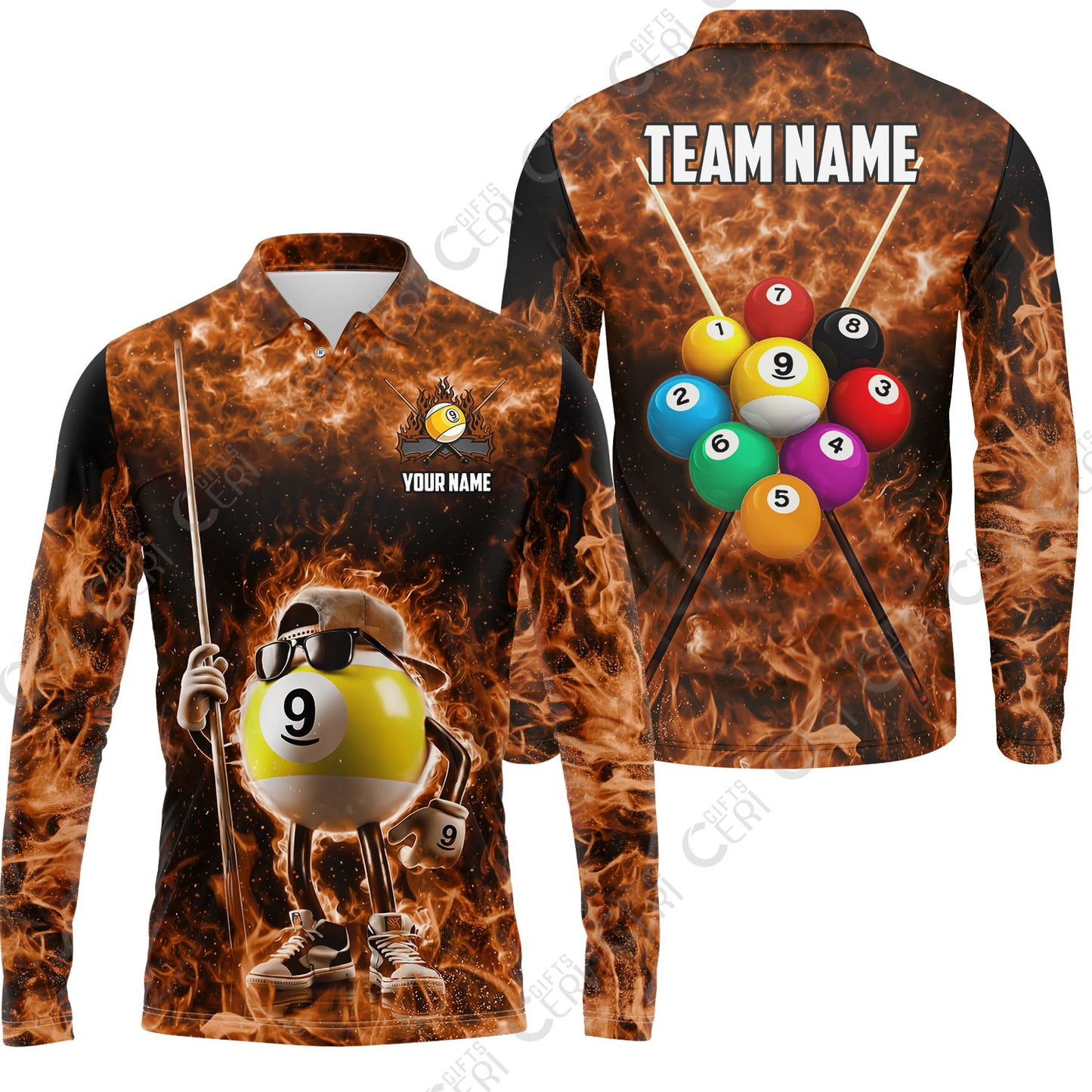 Customized 9 Ball Pool Long Sleeve Polo Shirt, 9-Ball Wearing Cap And Sunglasses Flaming Burn, Billiard Jerseys