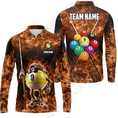 Customized 9 Ball Pool Long Sleeve Polo Shirt, 9-Ball Wearing Cap And Sunglasses Flaming Burn, Billiard Jerseys