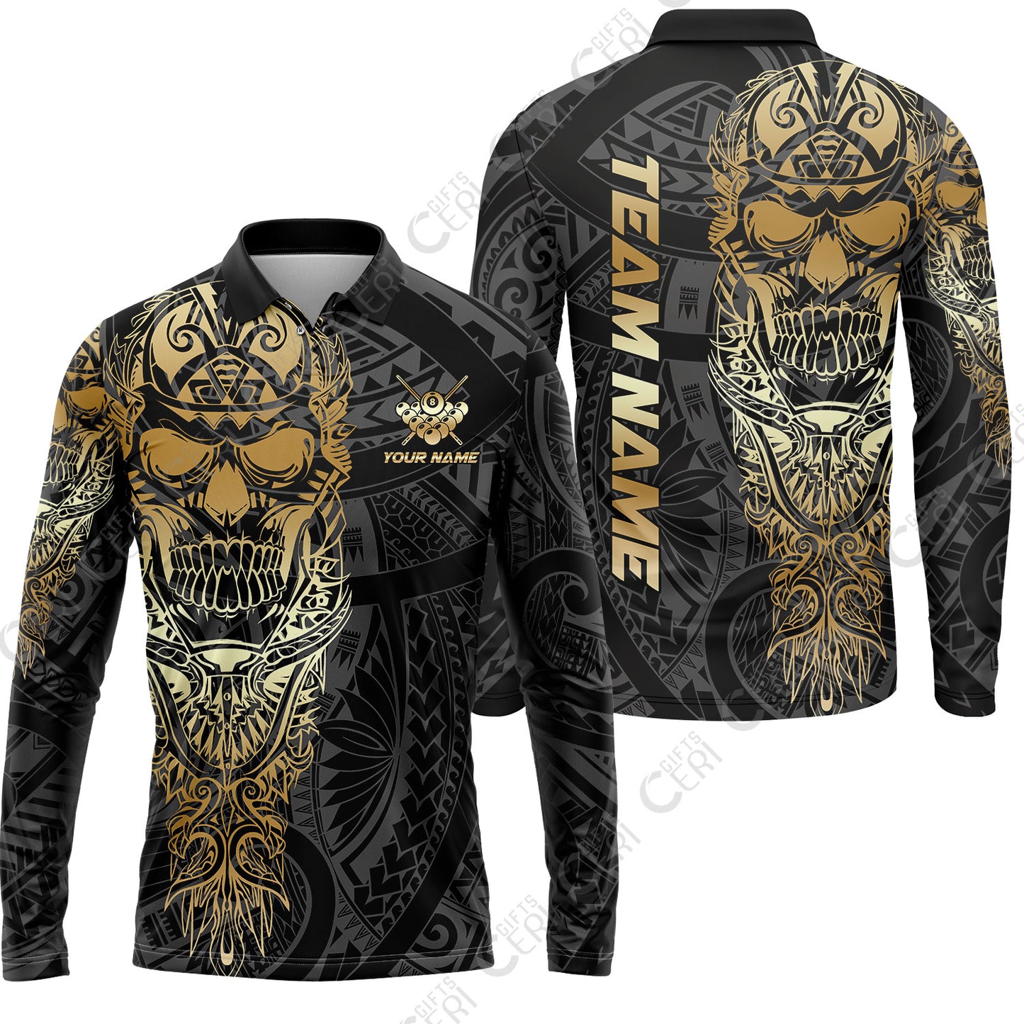 Customized 8 Ball Pool Long Sleeve Polo Shirt, 8-Ball Billiard Ethnic Tribal Style Pattern, Billiards Jerseys