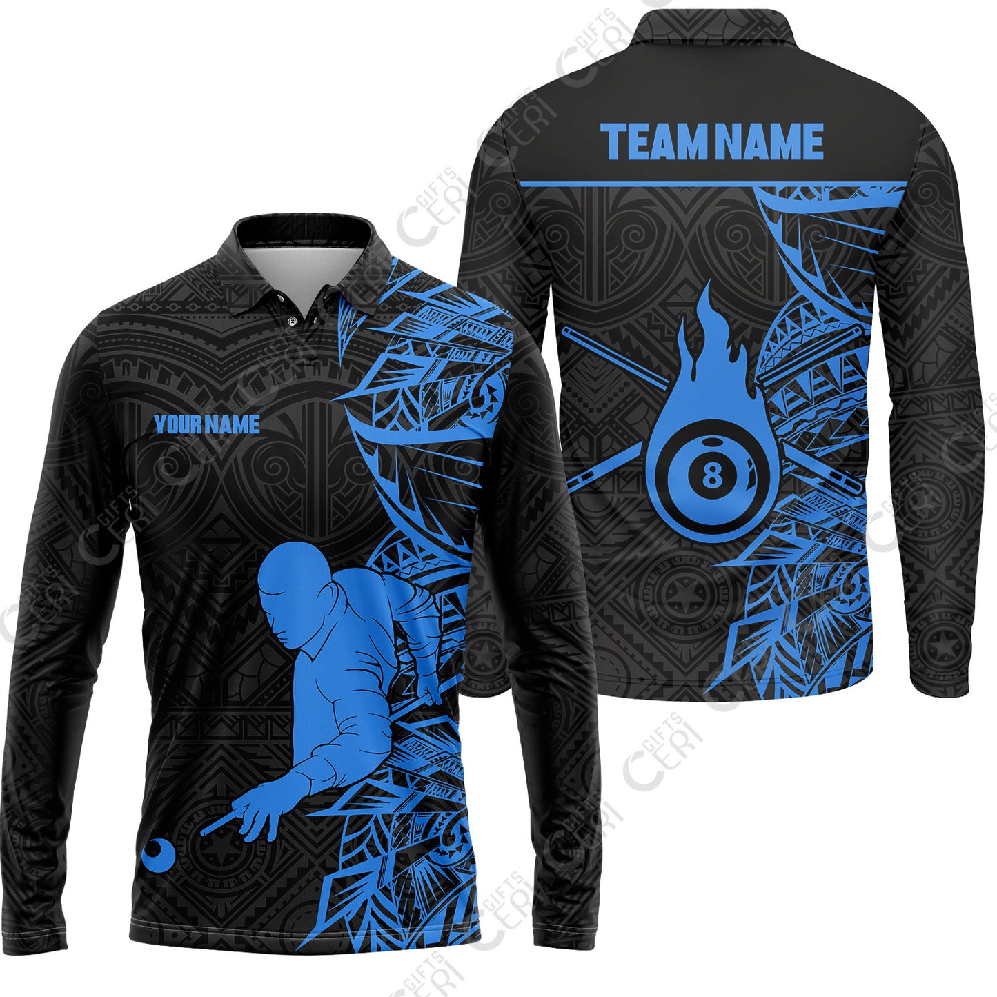 Customized 8 Ball Pool Long Sleeve Polo Shirt, 8-Ball Billiards Tattoo Pattern, Billiards Jerseys