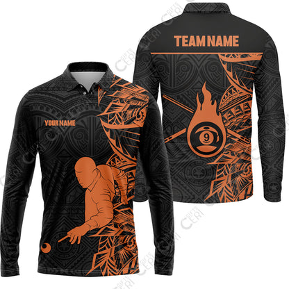 Customized 9 Ball Pool Long Sleeve Polo Shirt, 9-Ball Billiards Tattoo Pattern, Billiards Jerseys