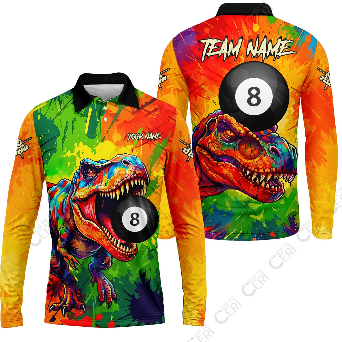 Customized 8 Ball Pool Long Sleeve Polo Shirt, Dinosaur Colorful Splash Paint Billiard 8-Ball, Personalized Billiards Jersey