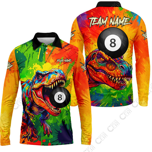 Customized 8 Ball Pool Long Sleeve Polo Shirt, Dinosaur Colorful Splash Paint Billiard 8-Ball, Personalized Billiards Jersey