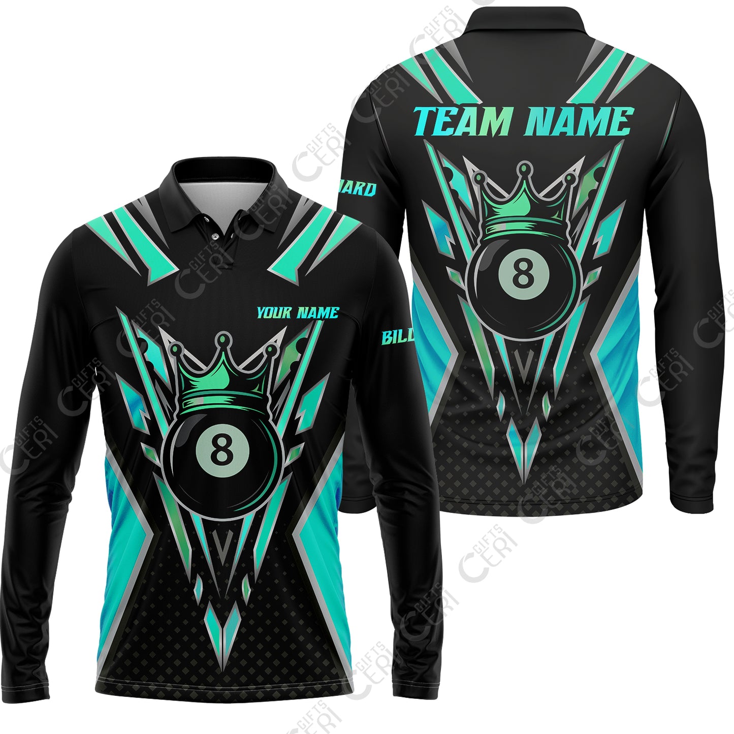 Customized 8 Ball Pool Long Sleeve Polo Shirt, Billiard 8-Ball Crown, Billiard Jerseys