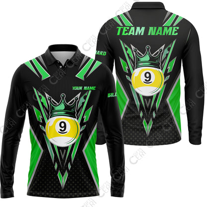 Customized 9 Ball Pool Long Sleeve Polo Shirt, Billiard 9-Ball Crown, Billiard Jerseys