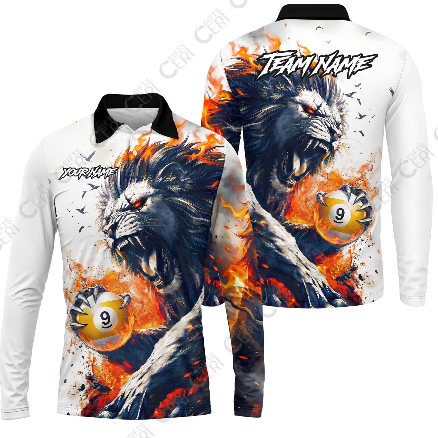 Customized 9 Ball Pool Long Sleeve Polo Shirt, Lion Fire Lava 9-Ball, Personalized Billiards Jersey