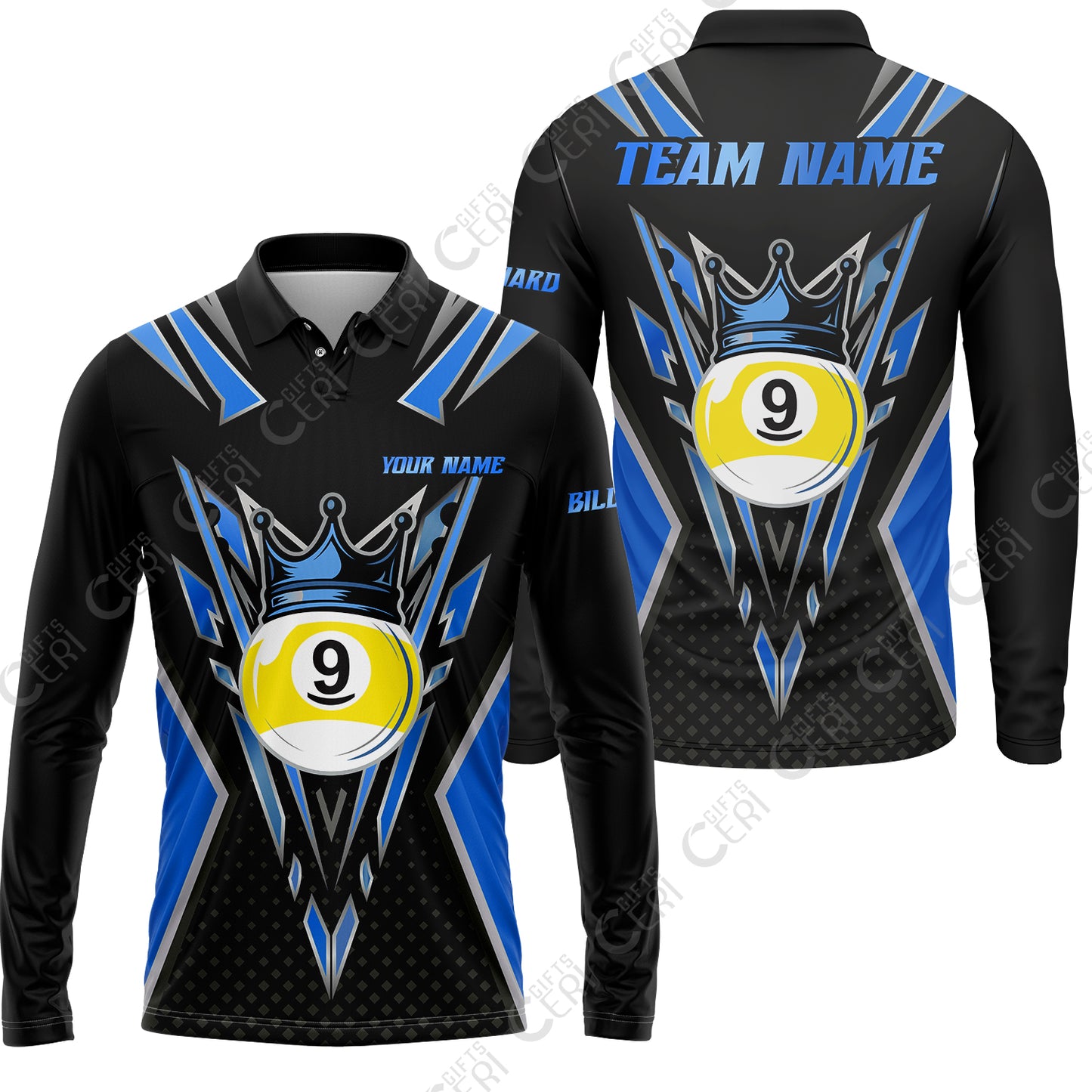 Customized 9 Ball Pool Long Sleeve Polo Shirt, Billiard 9-Ball Crown, Billiard Jerseys