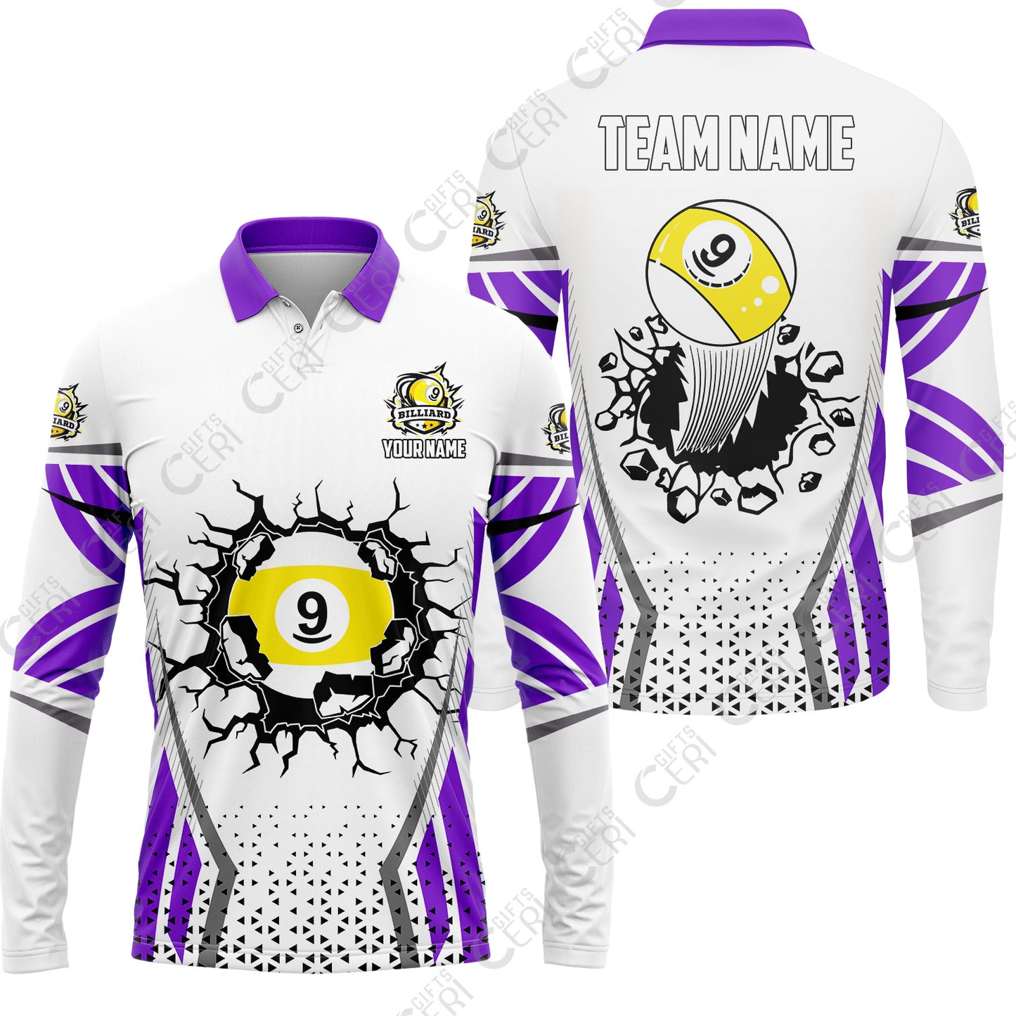 Customized 9 Ball Pool Long Sleeve Polo Shirt, Billiard Triangle Pattern, 9-Ball Breaks The Wall, Billiard Jerseys