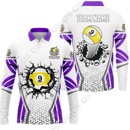 Customized 9 Ball Pool Long Sleeve Polo Shirt, Billiard Triangle Pattern, 9-Ball Breaks The Wall, Billiard Jerseys