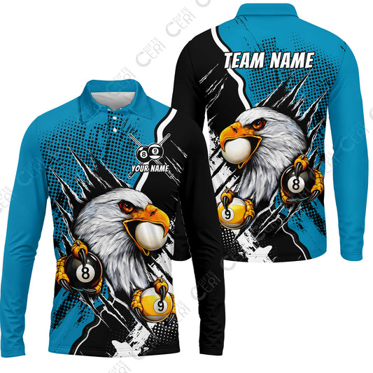 Customized Billiards Long Sleeve Polo Shirt, 8 & 9 Ball Billiard Eagle Comic Dot Halftone Background Color, Billiards Jerseys