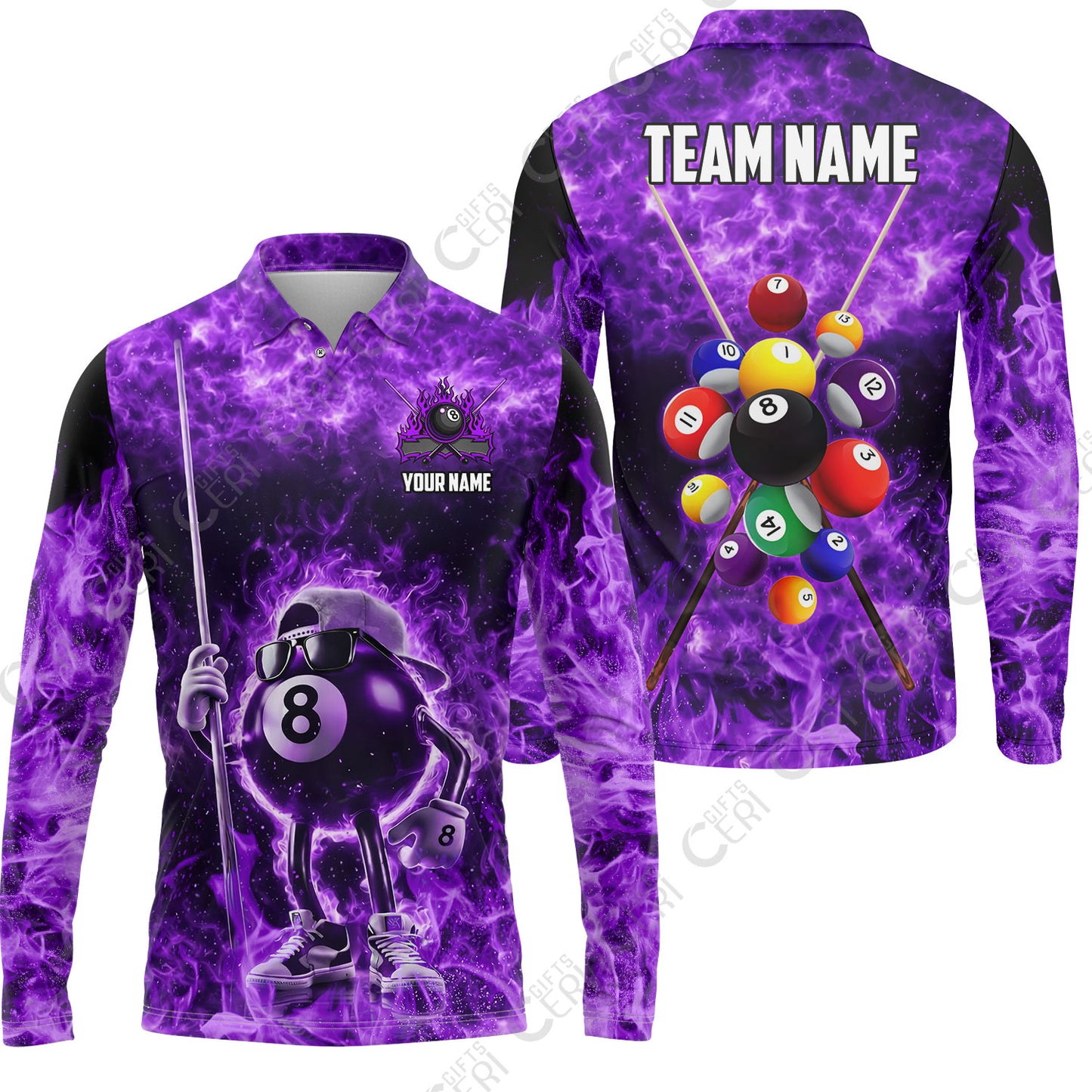 Customized 8 Ball Pool Long Sleeve Polo Shirt, 8-Ball Wearing Cap And Sunglasses Flaming Burn, Billiard Jerseys