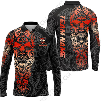 Customized 9 Ball Pool Long Sleeve Polo Shirt, 9-Ball Billiard Ethnic Tribal Style Pattern, Billiards Jerseys