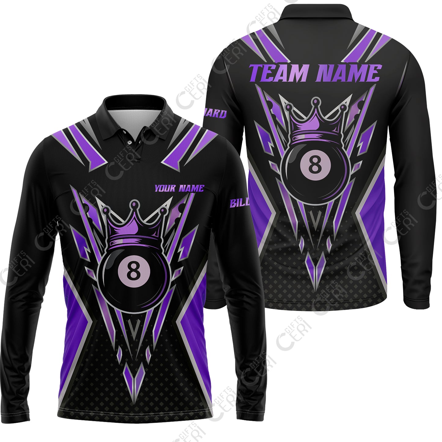Customized 8 Ball Pool Long Sleeve Polo Shirt, Billiard 8-Ball Crown, Billiard Jerseys