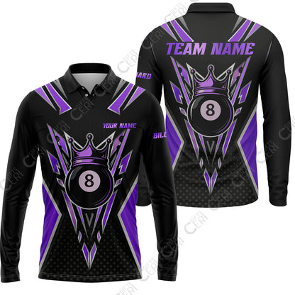 Customized 8 Ball Pool Long Sleeve Polo Shirt, Billiard 8-Ball Crown, Billiard Jerseys