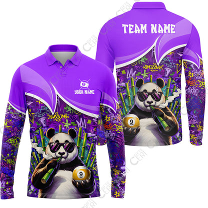 Customized 9 Ball Pool Long Sleeve Polo Shirt, 9-Ball Panda Bamboo Billiards, Billiards Jerseys
