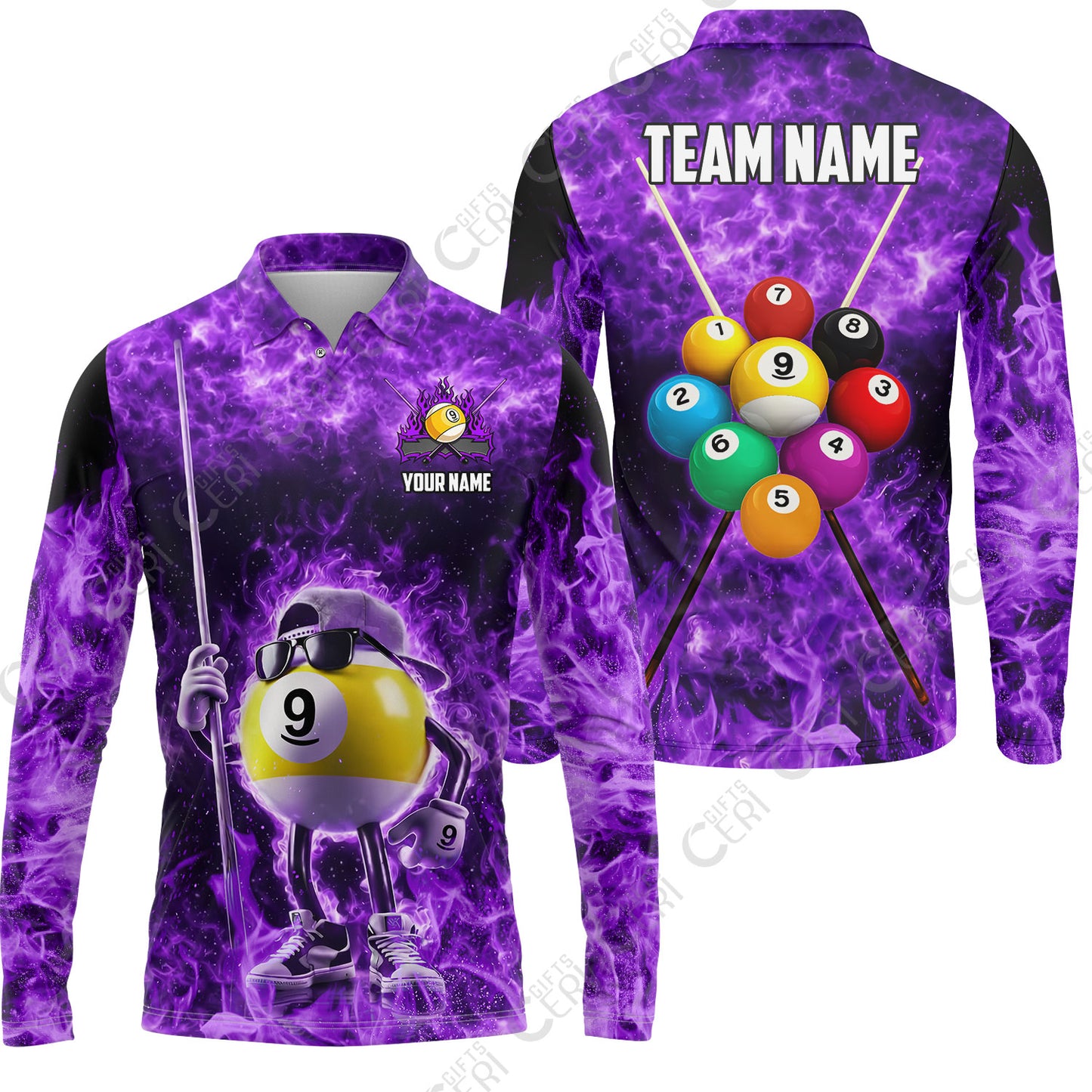 Customized 9 Ball Pool Long Sleeve Polo Shirt, 9-Ball Wearing Cap And Sunglasses Flaming Burn, Billiard Jerseys