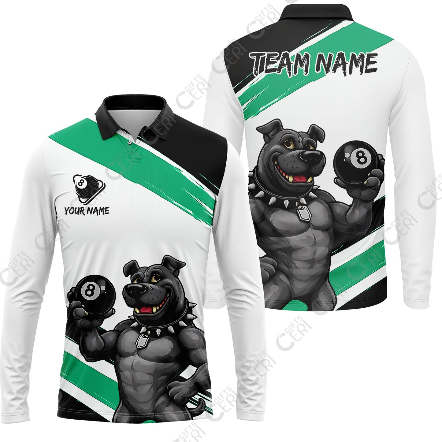 Customized Billiards Long Sleeve Polo Shirt, Personalized Pitbull 8 Ball Jersey Gift For Billiard Players