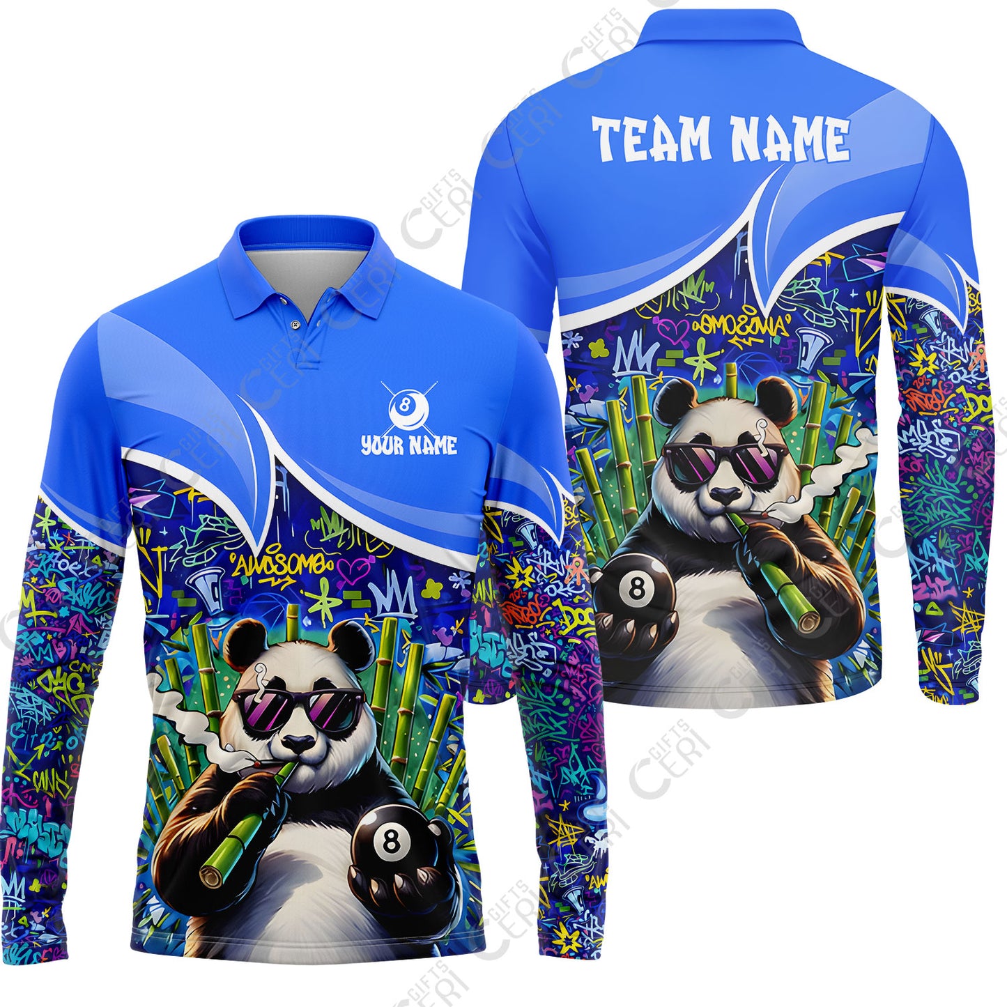Customized 8 Ball Pool Long Sleeve Polo Shirt, 8-Ball Panda Bamboo Billiards, Billiards Jerseys
