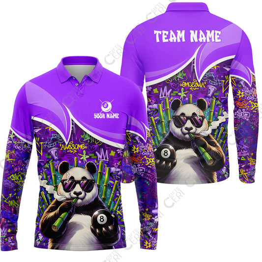 Customized 8 Ball Pool Long Sleeve Polo Shirt, 8-Ball Panda Bamboo Billiards, Billiards Jerseys
