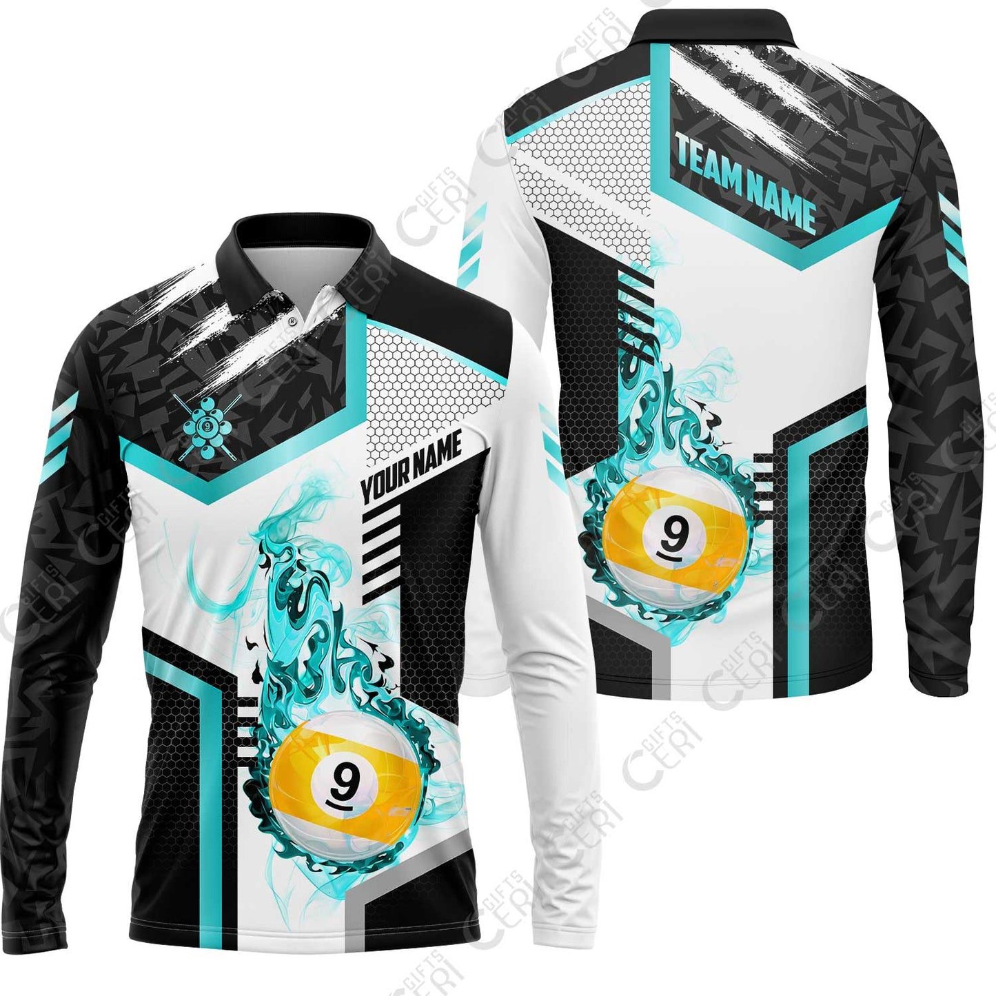 Customized 9 Ball Pool Long Sleeve Polo Shirt, Flaming 9-Ball Graphic, Billiards Jersey