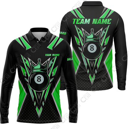Customized 8 Ball Pool Long Sleeve Polo Shirt, Billiard 8-Ball Crown, Billiard Jerseys