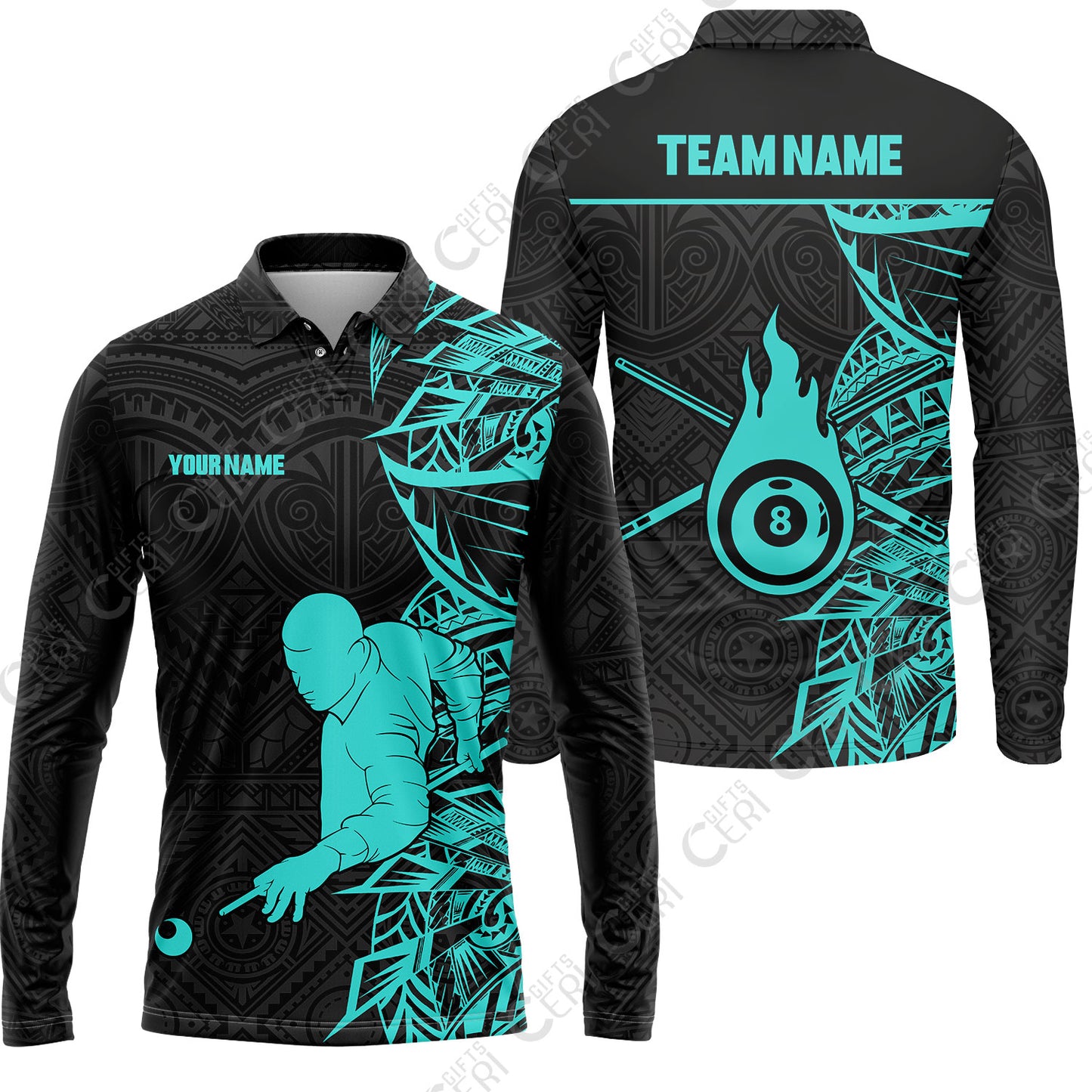 Customized 8 Ball Pool Long Sleeve Polo Shirt, 8-Ball Billiards Tattoo Pattern, Billiards Jerseys