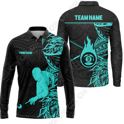 Customized 9 Ball Pool Long Sleeve Polo Shirt, 9-Ball Billiards Tattoo Pattern, Billiards Jerseys