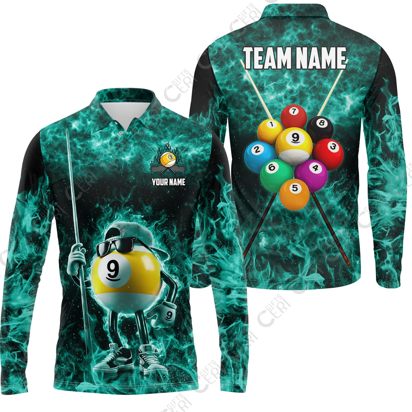Customized 9 Ball Pool Long Sleeve Polo Shirt, 9-Ball Wearing Cap And Sunglasses Flaming Burn, Billiard Jerseys