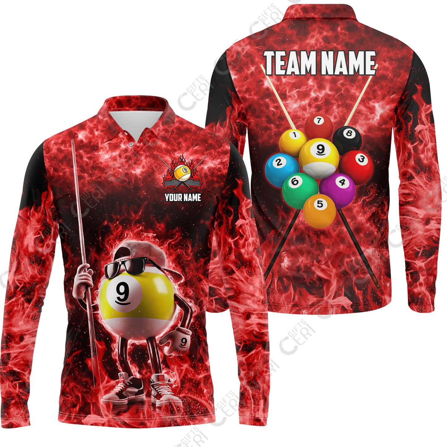 Customized 9 Ball Pool Long Sleeve Polo Shirt, 9-Ball Wearing Cap And Sunglasses Flaming Burn, Billiard Jerseys