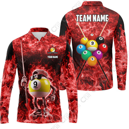 Customized 9 Ball Pool Long Sleeve Polo Shirt, 9-Ball Wearing Cap And Sunglasses Flaming Burn, Billiard Jerseys