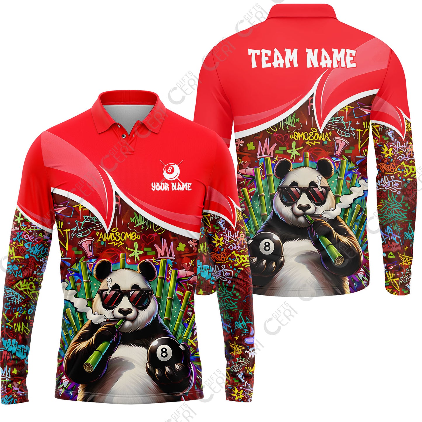 Customized 8 Ball Pool Long Sleeve Polo Shirt, 8-Ball Panda Bamboo Billiards, Billiards Jerseys