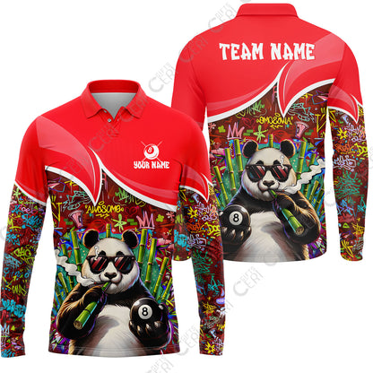 Customized 8 Ball Pool Long Sleeve Polo Shirt, 8-Ball Panda Bamboo Billiards, Billiards Jerseys