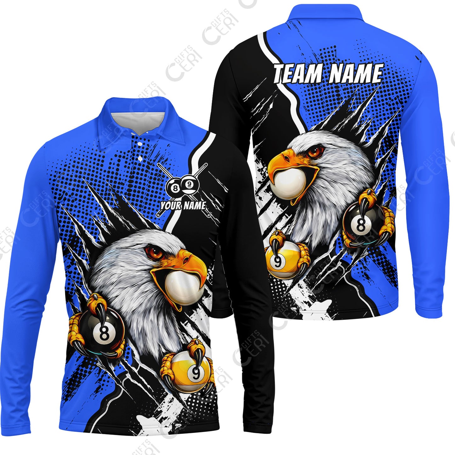 Customized Billiards Long Sleeve Polo Shirt, 8 & 9 Ball Billiard Eagle Comic Dot Halftone Background Color, Billiards Jerseys