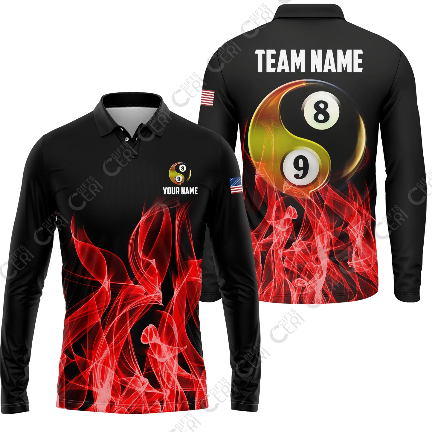 Customized Billiard Long Sleeve Polo Shirt, Billiard 8-Ball And 9-Ball Yin-Yang Flame, Billiard Jerseys