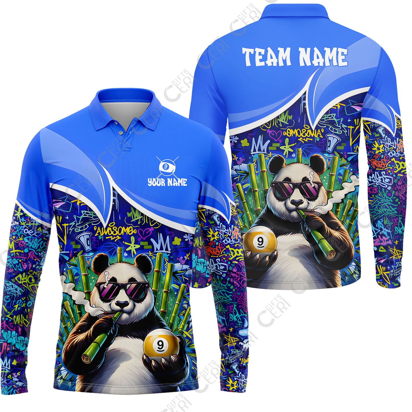Customized 9 Ball Pool Long Sleeve Polo Shirt, 9-Ball Panda Bamboo Billiards, Billiards Jerseys