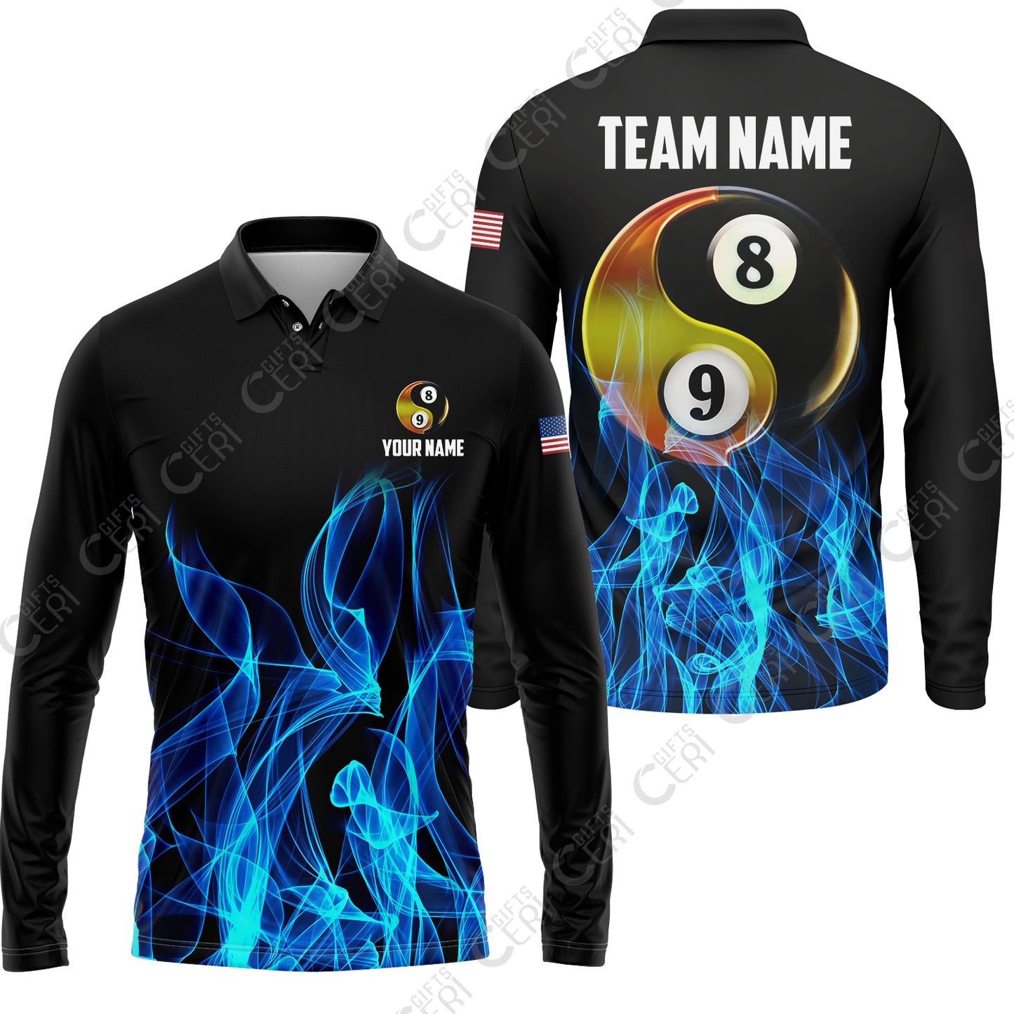 Customized Billiard Long Sleeve Polo Shirt, Billiard 8-Ball And 9-Ball Yin-Yang Flame, Billiard Jerseys