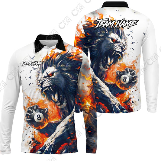 Customized 8 Ball Pool Long Sleeve Polo Shirt, Lion Fire Lava 8-Ball, Personalized Billiards Jersey